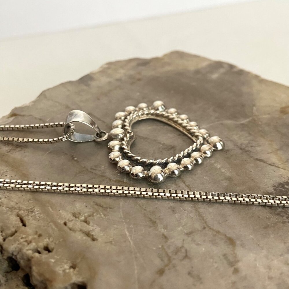 Sterling Silver 925 Beaded Open Heart Pendant Necklace 18" Box Chain - Picture 6 of 16